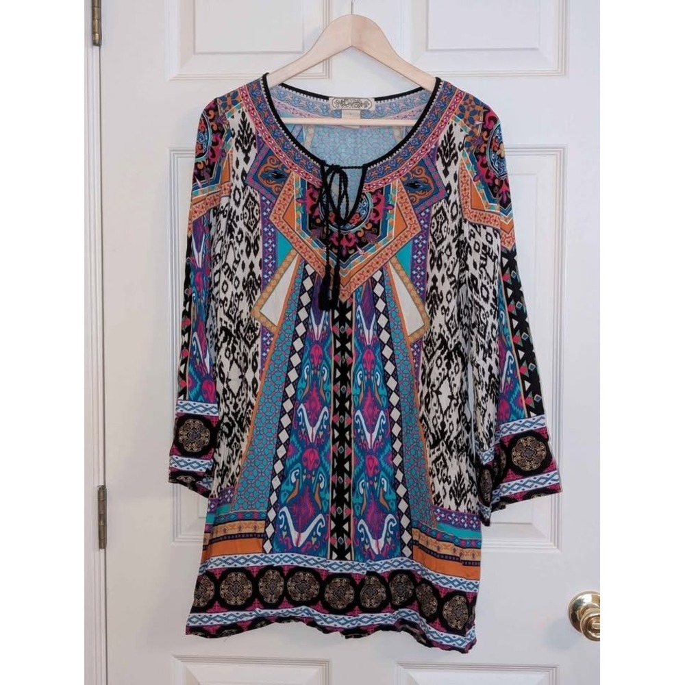 Flying Tomato Boho Tunic Top Large Tribal Print Tassel Long Sleeve Rayon Blouse